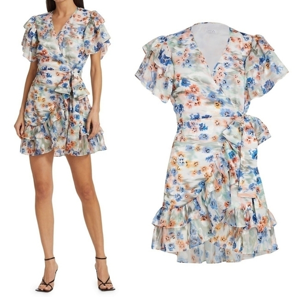 New Tanya Taylor Bailey Floral Print Faux Wrap Dress In Geranium Haze Multi Sz 2 - Picture 1 of 15